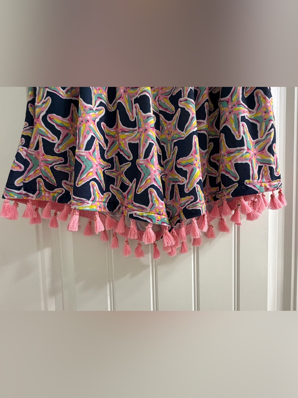 Simply Southern Navy Starfish Pull-on Shorts with Pink Tassel Hem L/XL - Picture 3 of 6